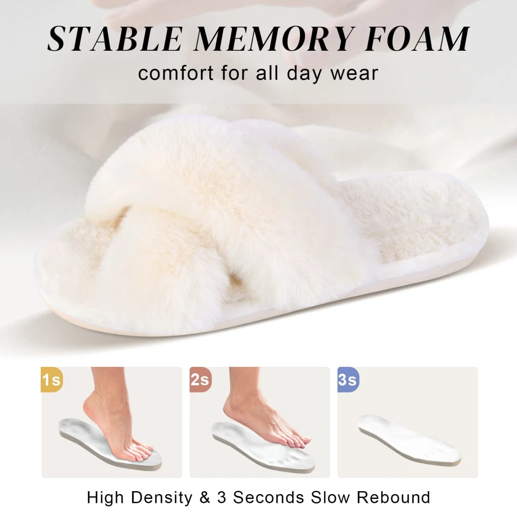 Womens Fuzzy Memory Foam Slippers Ankis Cross Band Cozy Slippers