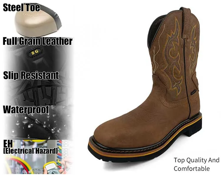 Square Steel Toe Cowboy Style Steel Toe Leather Upper Western Boots