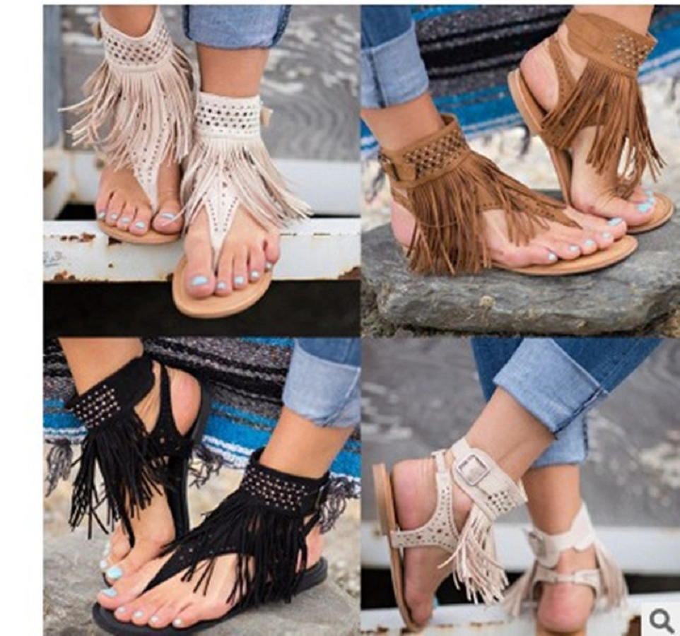 Womens Flat Sandals Suede Tassels Thong Sandals Flip Flops Fringe Sandal Ankle Buckle Design Summer Beach Sandals Elastic Casual Sandals Esg13837