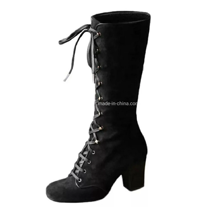 Womens Strappy Lace-up Knee High Combat Stacked Low Heel Zipper Stacked Heel Boots Esg13488