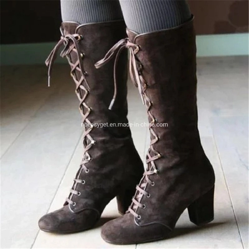 Womens Strappy Lace-up Knee High Combat Stacked Low Heel Zipper Stacked Heel Boots Esg13488