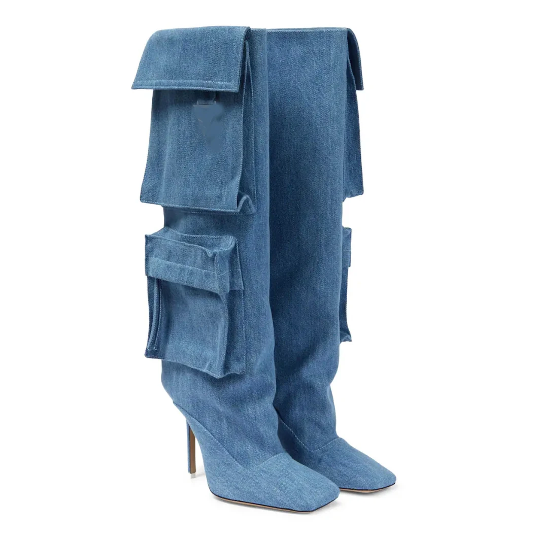 Luxury Shoes Pocket Design Knee High Women Denim Boots