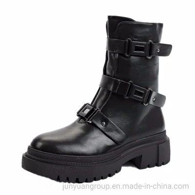 Precio de fábrica invierno nuevo diseño moda cuero negro mujer punta redonda tobillo plano Chelsea botas para damas