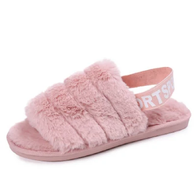 Zapatillas de piel para mujer con banda elástica en el tobillo Punta abierta Diapositivas de invierno Zapatillas de casa Felpa Slip-on Fluffy Zapatillas de interior cálidas Diapositivas cómodas Esg14129