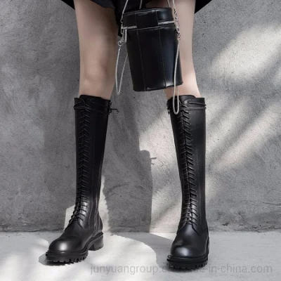 2022 Invierno Nuevo diseño Clásico Negro Hasta la rodilla Cordones Plataforma de cuero genuino Flat Martin Boot Botas de mujer para damas Botas largas