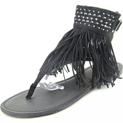 Sandalias planas para mujer Borlas de gamuza Sandalias de tiras Chanclas Sandalia con flecos Diseño de hebilla de tobillo Sandalias de playa de verano Sandalias casuales elásticas Esg13837